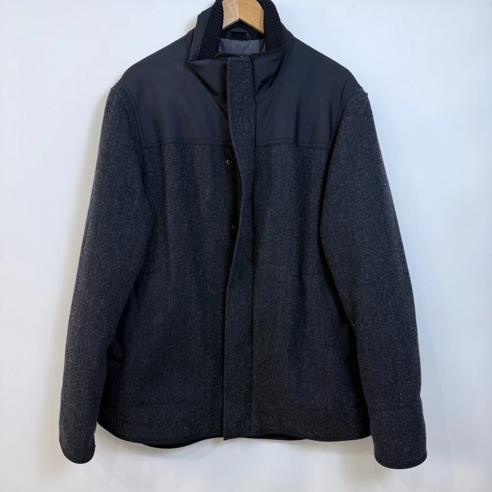 Vintage Banana Republic Wool Blend Coat Mens L Deep Charcoal Gray Black Zip Snap